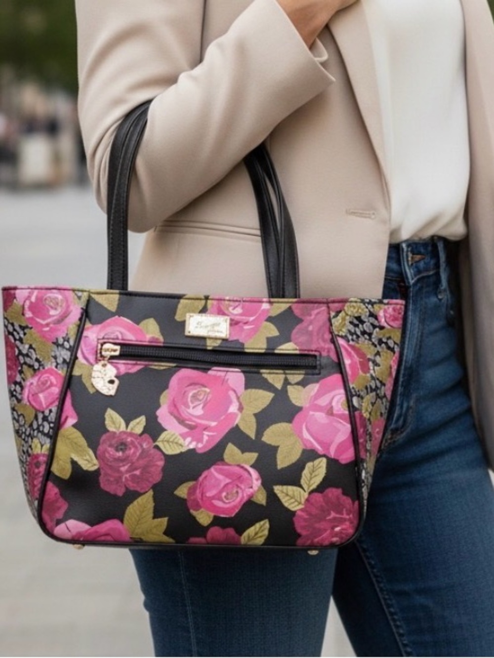 NWT Betsey Johnson Black and Pink Floral Satchel Retired